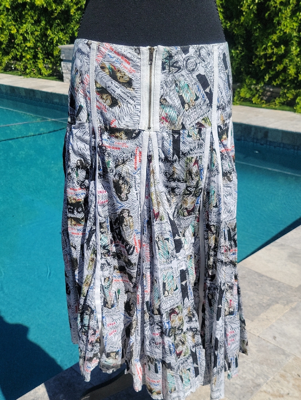 Desigual Newspaper Print Midi Skirt Paneled Y2K Novelty Graphic A-Line M/L - Picture 7 of 13